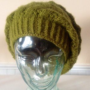 Hand Knitted, Star Patterned, Olive Green Beret